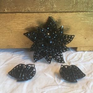Black jeweled brooch and earrings set